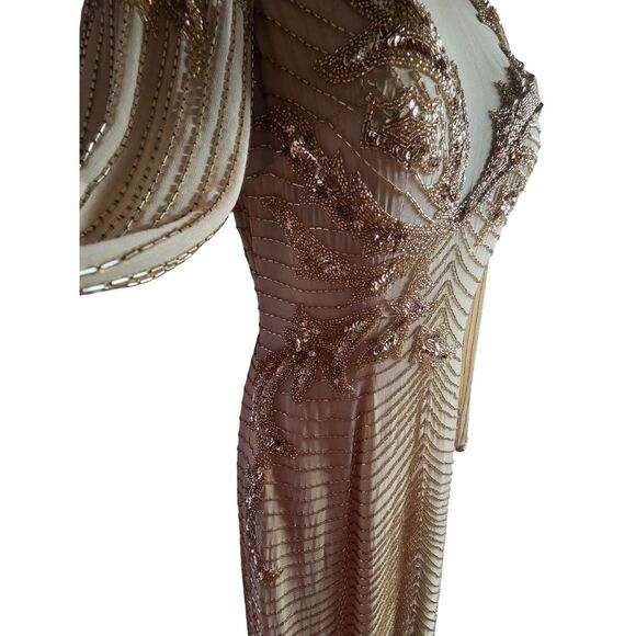 AJ Bari VTG Silk Gold Sequin Beaded Dress 8 Mother of the Bride Formal Glamour - Picture 6 of 16